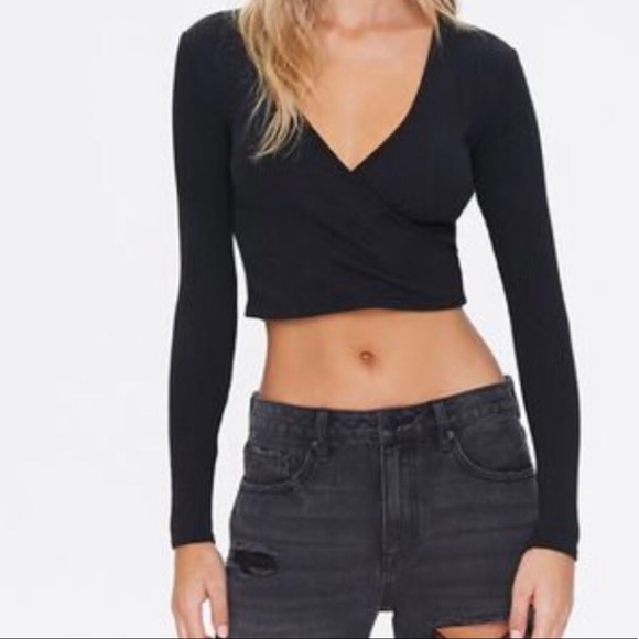 Forever 21 | Tops | Forever 2 Black Ribbed Wrap Long Sleeve Crop Top S |  Poshmark